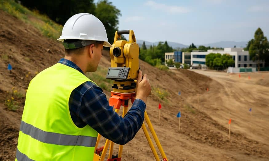 Land surveyor conducting a topographic survey on a sloped construction site in San Jose, CA to assess elevation and site conditions before development.