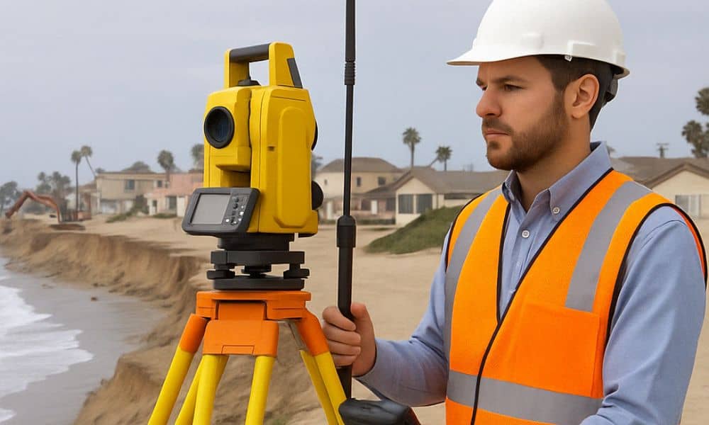 Land surveyor in a hard hat and safety vest using a total station on a coastal site, with visible beachfront erosion and houses in the background.