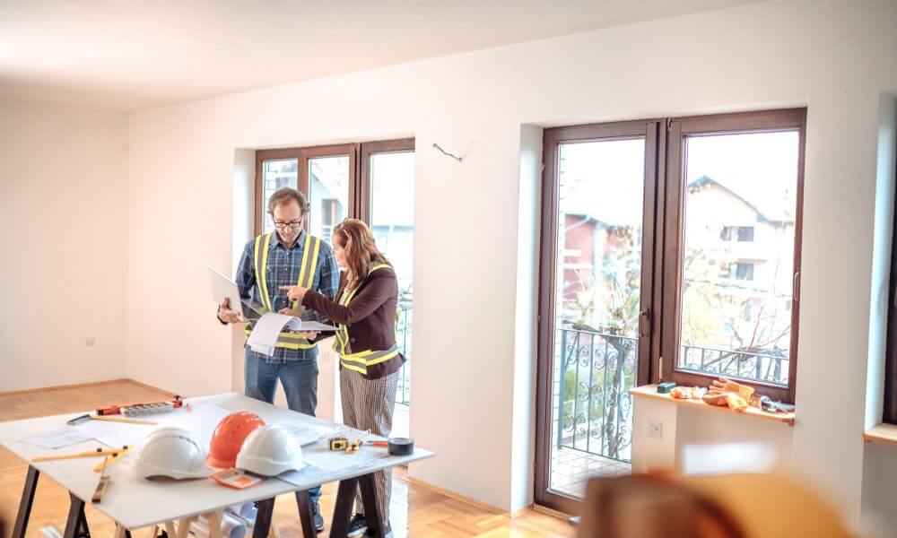 Two professionals reviewing renovation plans indoors, wearing safety vests, with construction helmets and documents on a table—illustrating planning for a topographic survey.