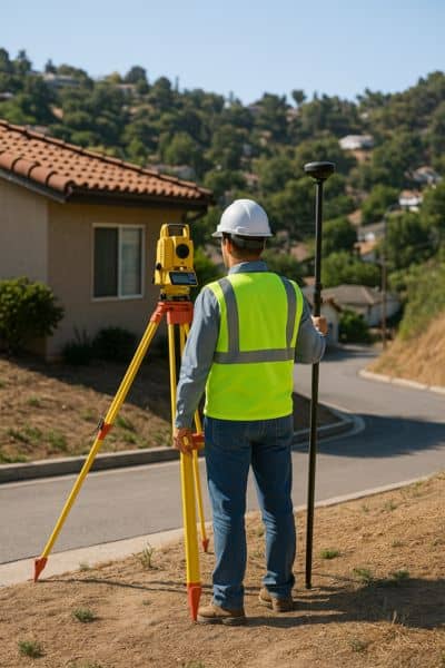 Land surveyor performing a topographic survey on a sloped residential street in Los Angeles