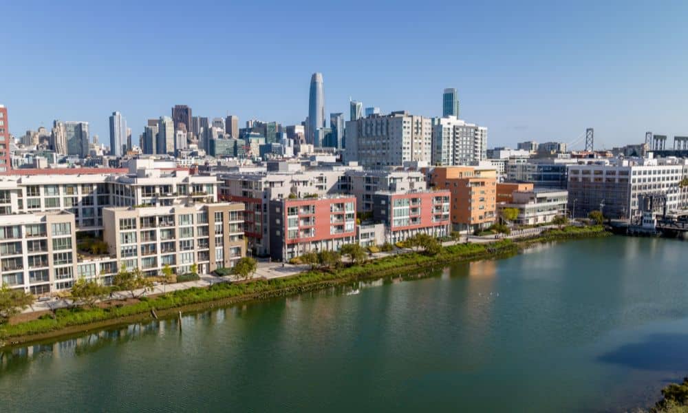 Modern waterfront buildings in Mission Bay, San Francisco, an area prone to flooding and subject to FEMA elevation requirements