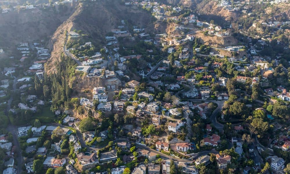 Aerial view of hillside homes in Los Angeles showing complex terrain for drone land surveying