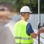 Licensed land surveyor in Sacramento using GPS equipment to prepare a flood elevation certificate

