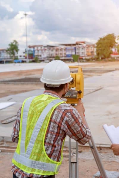 Surveyor using a total station during a construction survey to measure elevations and guide building accuracy
