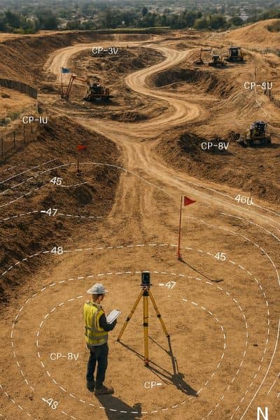 Construction surveyor measuring site elevations and control points on a large infrastructure project