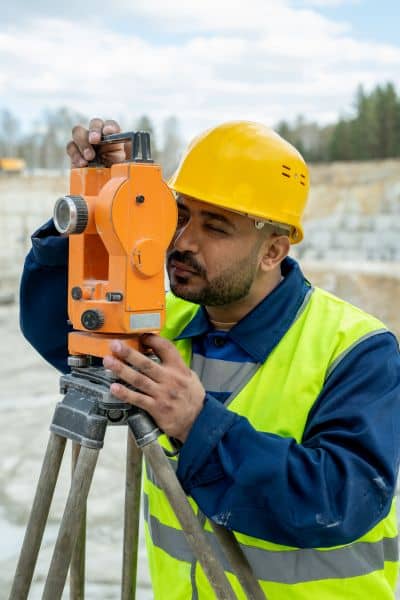 Licensed land surveyor using a total station to perform measurements for a loan closing survey