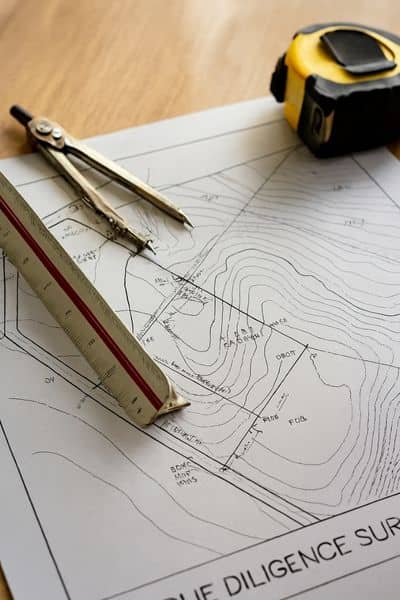 Close-up of a property survey map with measuring tools used in a due diligence survey
