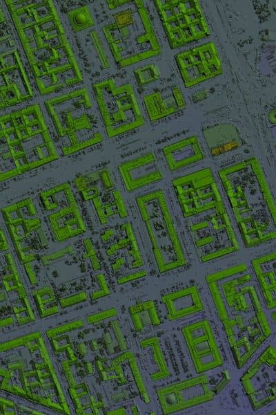 3D digital terrain map generated from drone surveying data showing urban layout