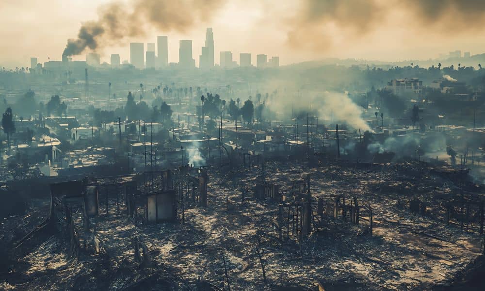 Burned homes and smoke rising after the 2025 wildfires, showing the kind of landscape changes that lidar mapping helps understand during recovery