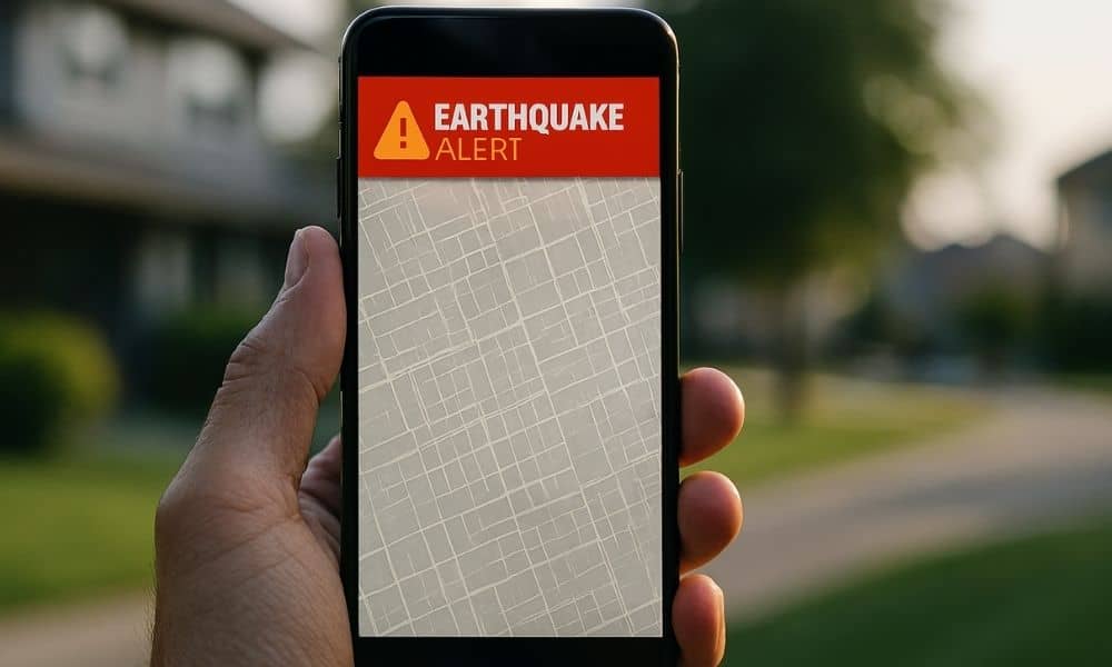 Smartphone showing an earthquake alert over a map, illustrating why a property survey is more reliable than app maps for boundary decisions