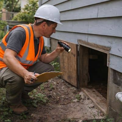 Surveyor inspecting crawlspace access while preparing measurements for an elevation certificate at a residential property