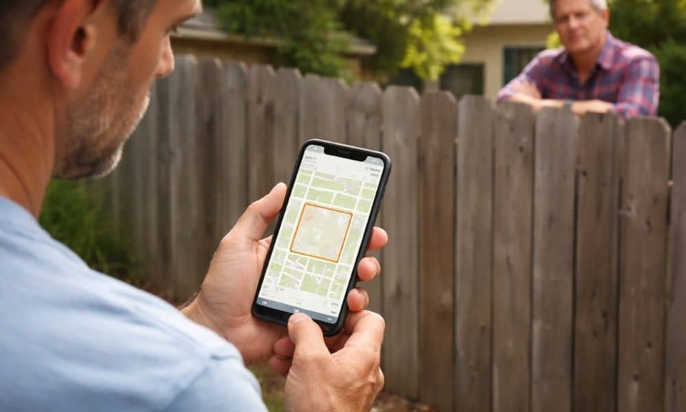 Homeowner checking an online property map on a smartphone while standing near a backyard fence as a land surveyor verifies boundary lines in a suburban neighborhood