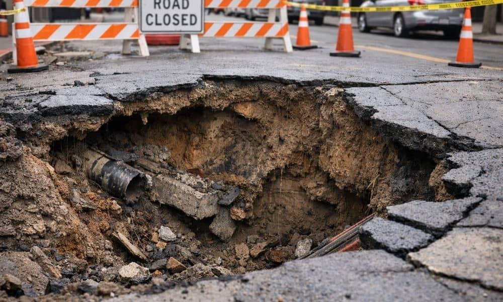 Urban road collapse exposing soil layers after underground infrastructure failure before a construction survey