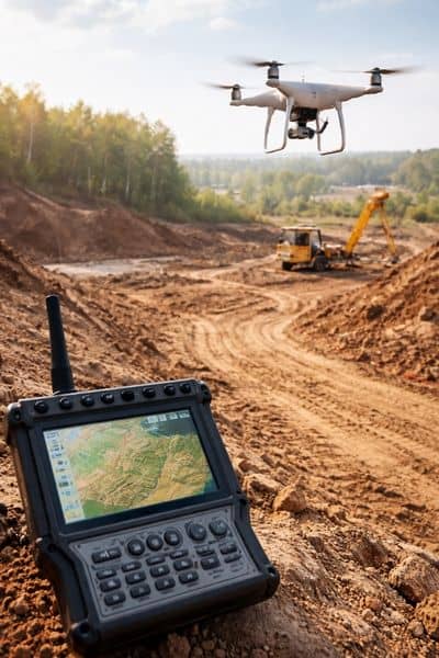 Drone collecting aerial data for a topographic survey before rebuilding work begins
