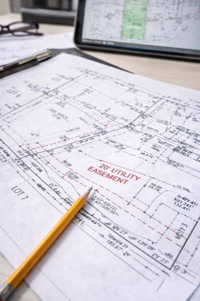 Survey map showing property boundaries and easements identified during a due diligence survey
