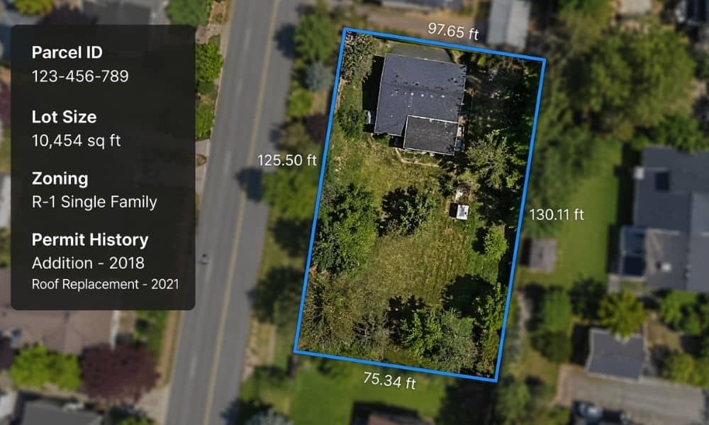 Aerial view of a residential property with boundary lines showing how a land survey company identifies lot limits