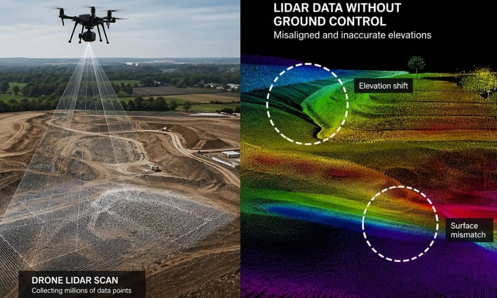 Drone flying over a construction site with ground control points used for accurate lidar mapping