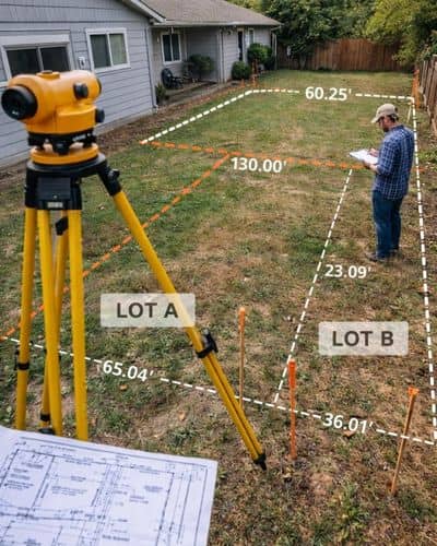 Surveyor measuring property boundaries with equipment, showing how land surveying identifies lot shape and property lines for accurate planning