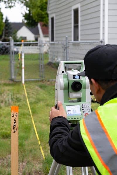 Surveyor measuring property boundaries on site showing how a land survey company verifies lot lines in real conditions