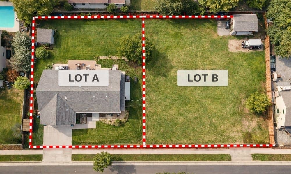 Aerial view of a residential property divided into two lots with boundary lines, showing how land surveying helps plan lot splits