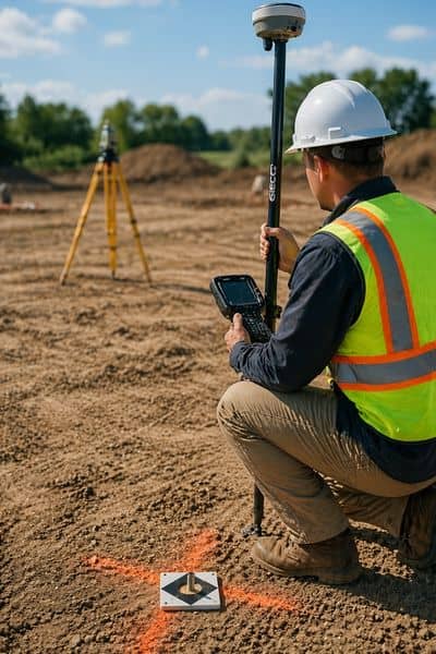 Surveyor placing ground control points on a construction site for lidar mapping