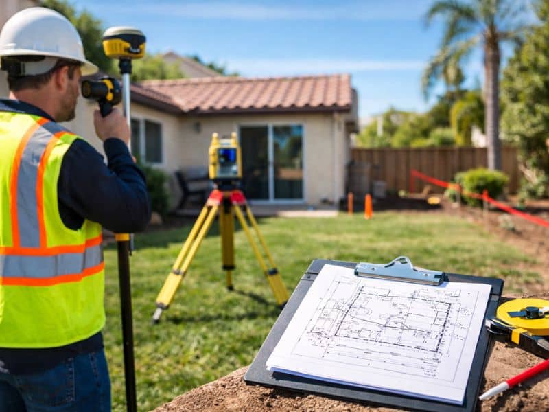 Surveyor performing a lot survey in a residential backyard before planning construction