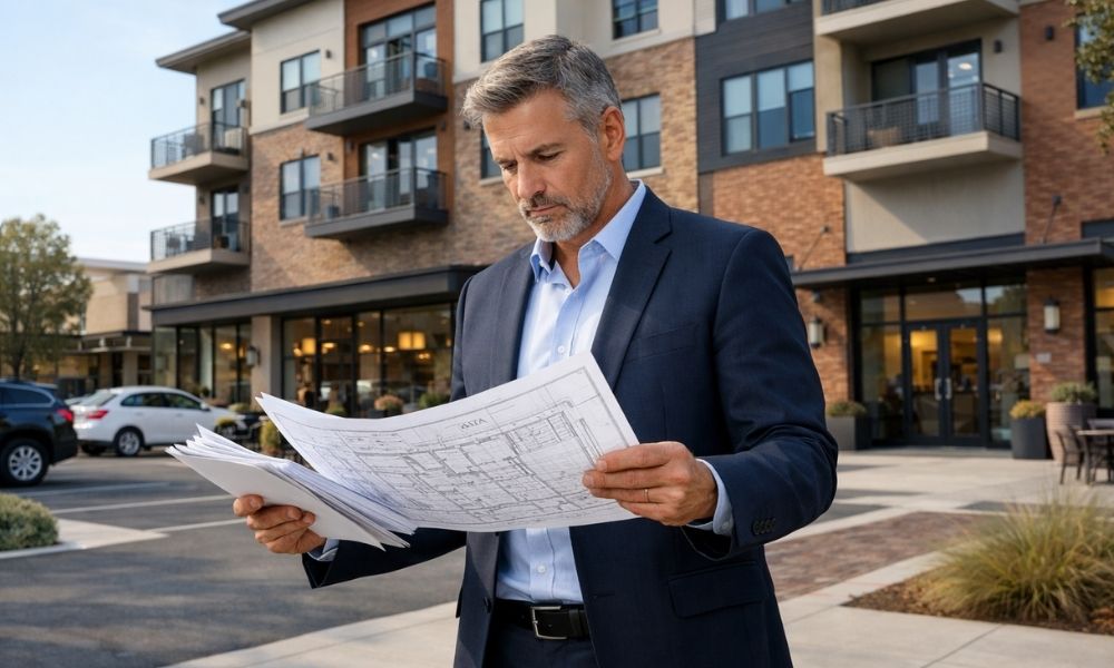 Buyer reviewing an ALTA land title survey before purchasing a mixed-use property with retail and residential spaces
