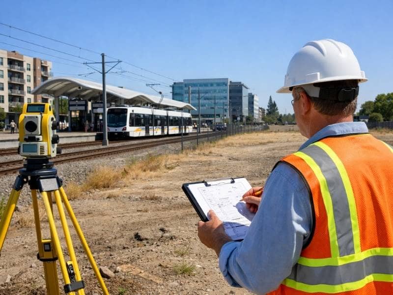 Surveyor reviewing a transit-oriented development site near a rail station using an ALTA survey