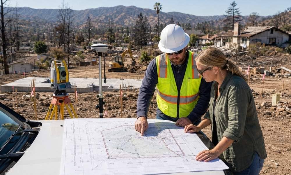 Surveyor and property owner reviewing a boundary survey before rebuilding a wildfire-damaged property