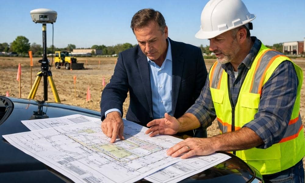 Developer and land surveyor reviewing ALTA survey plans at a commercial development site before construction