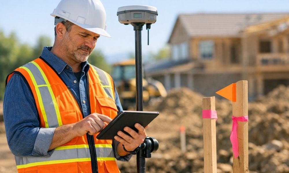 Licensed land surveyor using GPS equipment to verify property boundaries for a building permit review