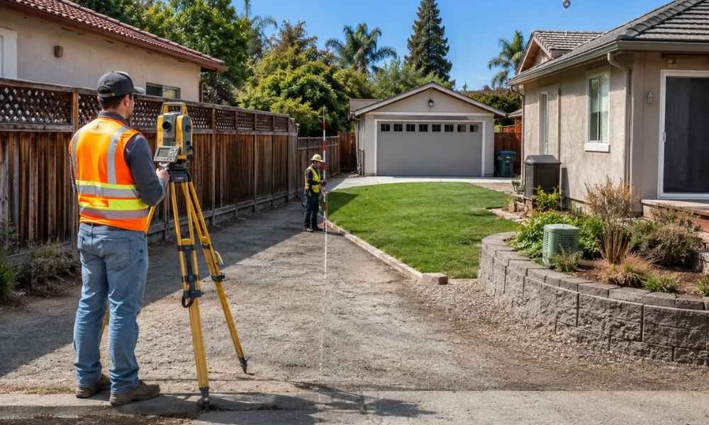 Property survey of a residential lot in San Jose California showing surveyors measuring a side yard and boundary area before a lot line adjustment