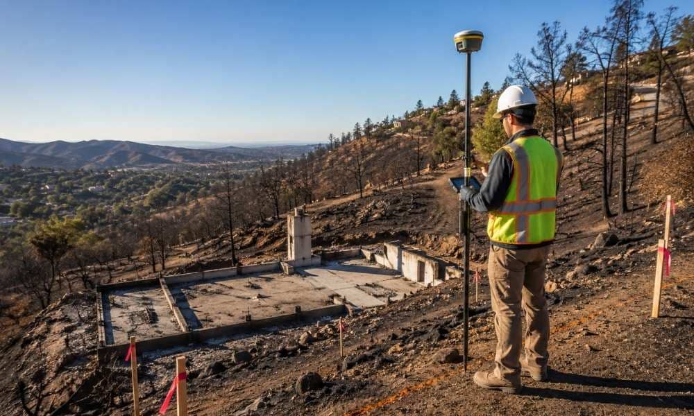 Land surveyor conducting a topographic survey on a fire-damaged hillside lot before rebuilding