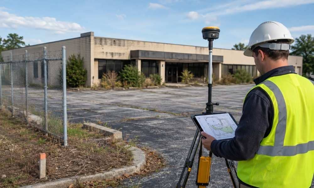 Land surveyor using equipment to complete land surveying at a commercial property in San Francisco