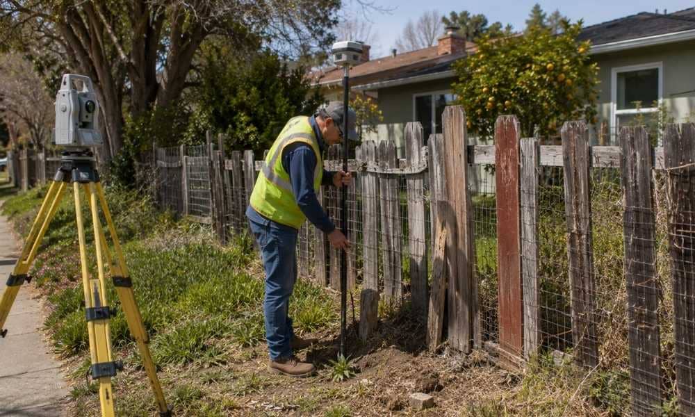 Surveyor conducting a boundary line survey beside an old backyard fence in San Jose, California