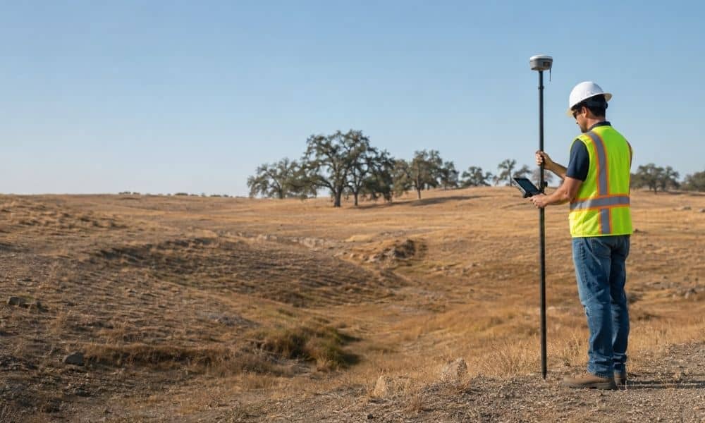 Surveyor using GNSS equipment during a topographic survey on a sloped Roseville, CA construction site